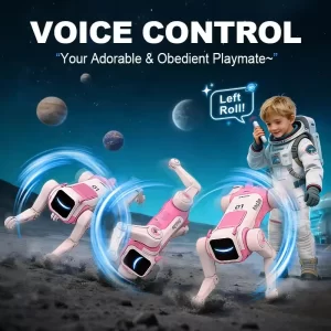 Voice-Command Stunt Robot Dog – Rolls, Frog Jumps, Programmable, Pink or White