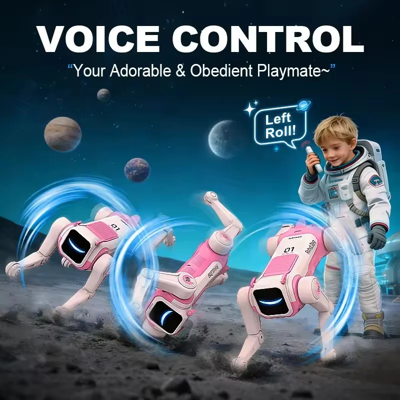 Voice-Command Stunt Robot Dog – Rolls, Frog Jumps, Programmable, Pink or White