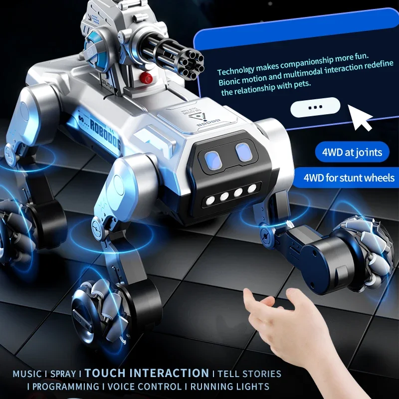 8WD Smart Robot Dog – Voice & Touch Control, Water Bead Turret, Mist Spray