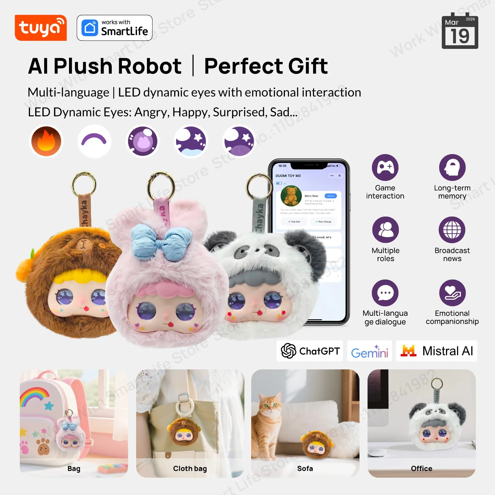 Tuya AI Plush Robot – LED Eyes, English Voice Control, No Camera