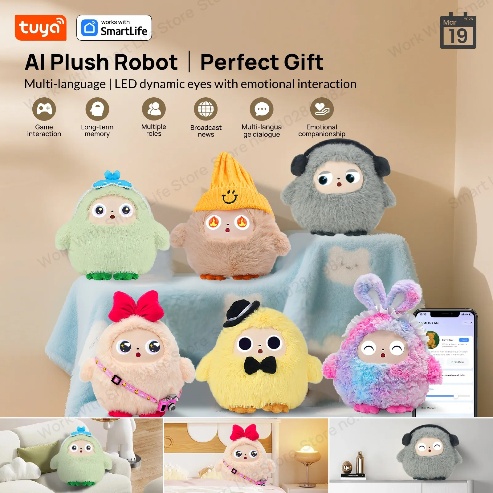 Tuya AI Plush Robot – Smart Voice, LED Eyes & Video Playback