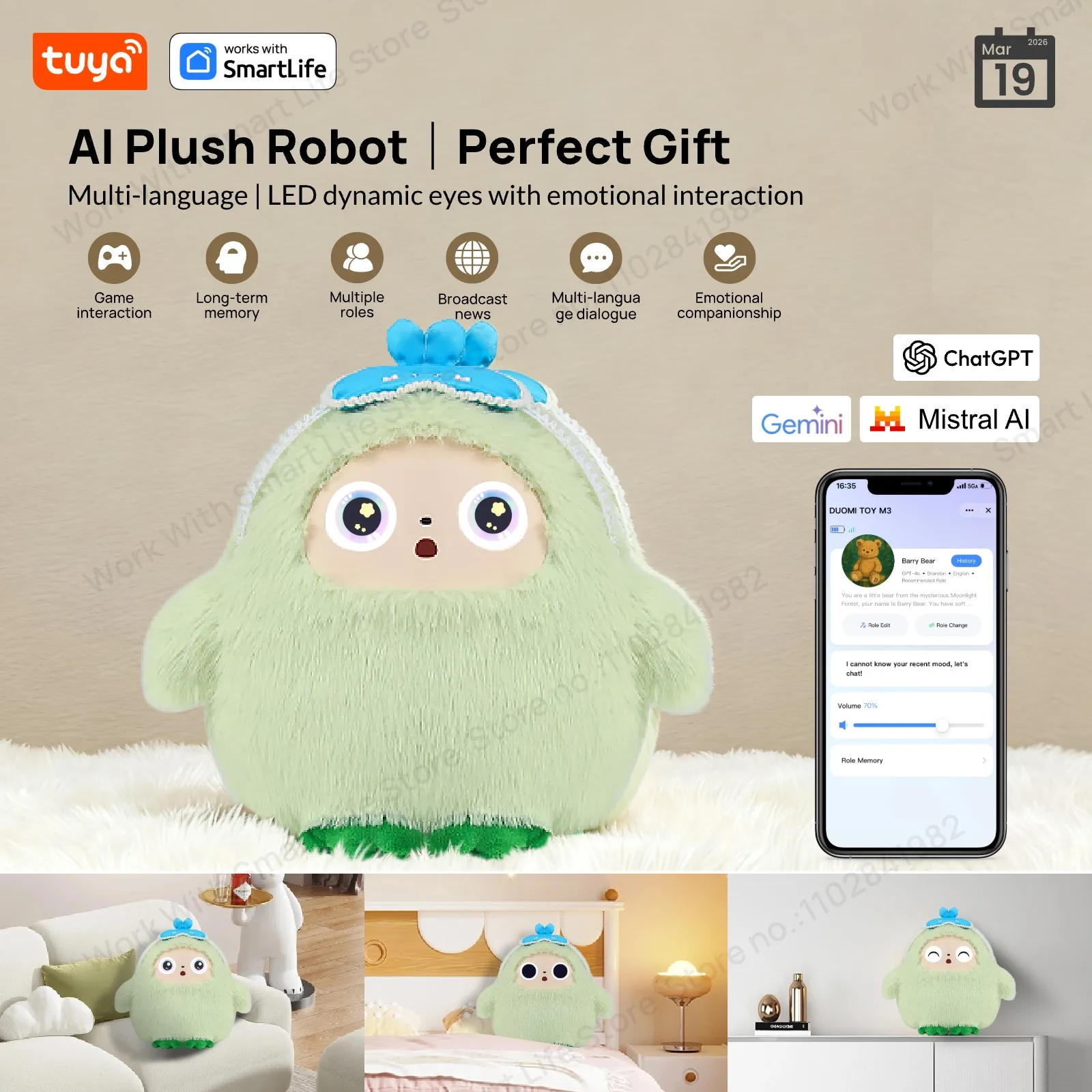 Yaya AI Plush Robot – Smart Voice & LED Eyes, Mint Green