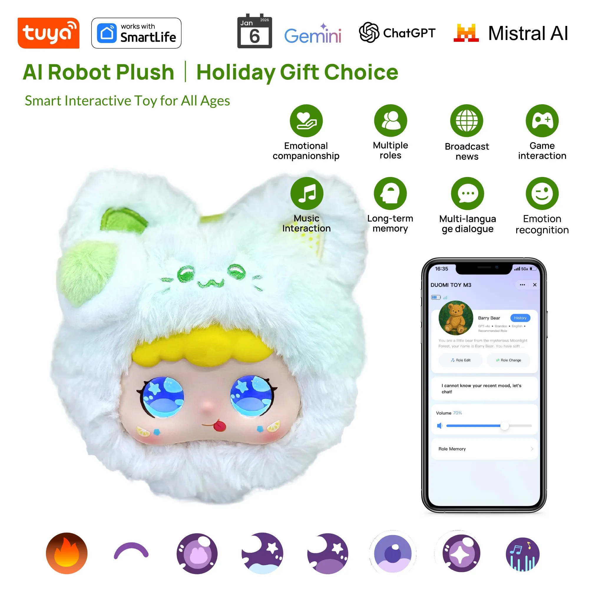 Green Grape Cat AI Plush – Tuya Smart Life Companion with Voice Chat & Memory