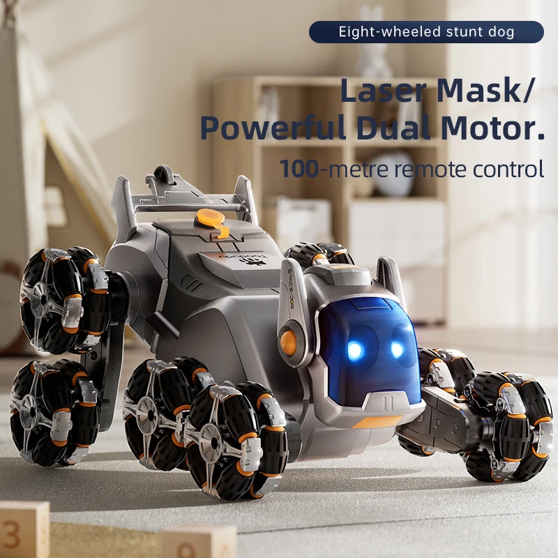 8-Wheel Stunt Robot Dog – Tail Mist Spray, Four Skill Modes, Remote Control